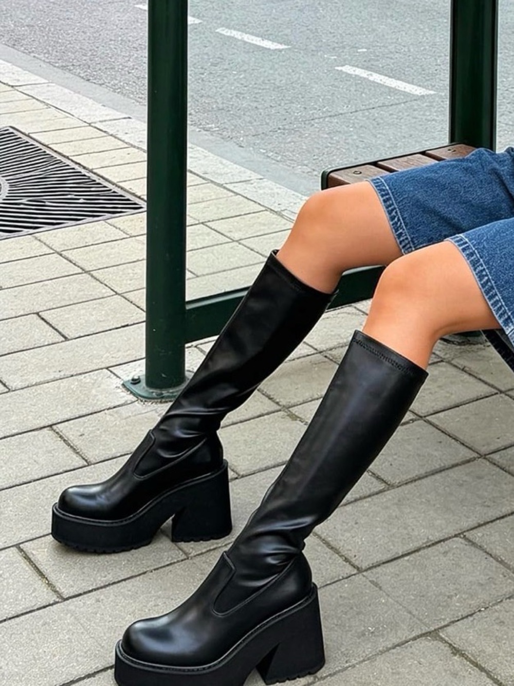Women's Black Knee-High Platform Boots NEW